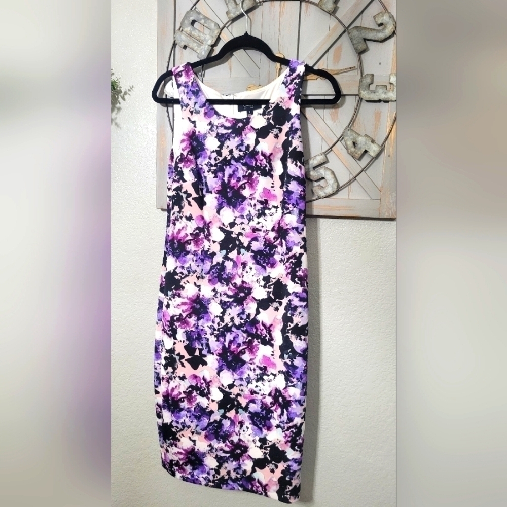Jessica Simpson midi Dress Sz 6 Purple Black Pink & White Sheath